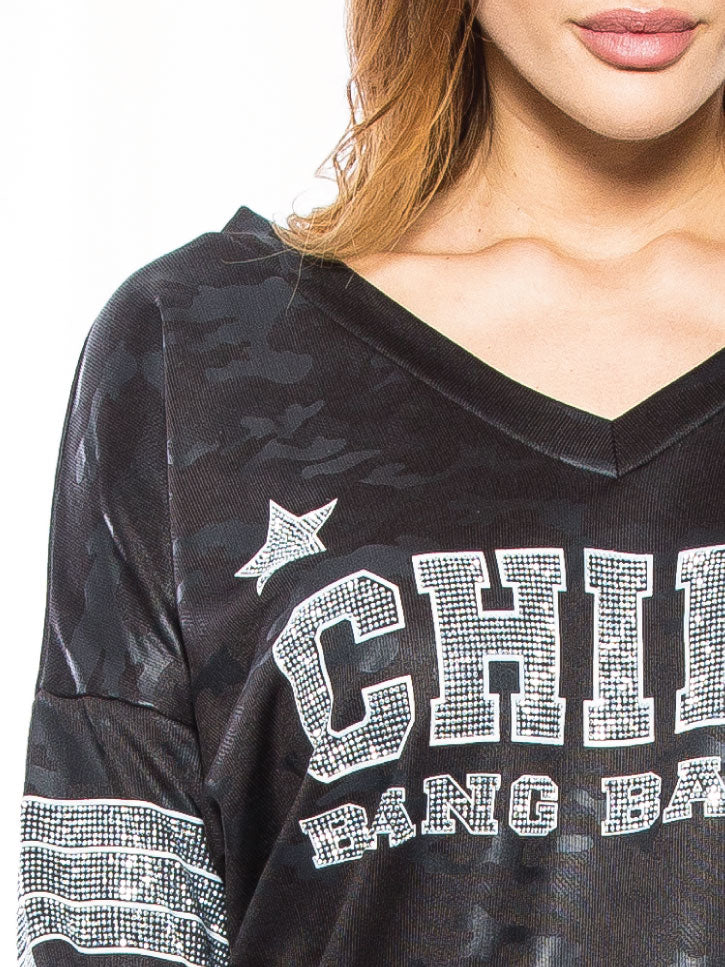 Camouflage Sweatshirt mit Strassteinen, schwarz