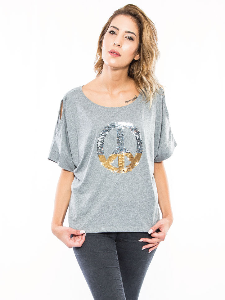 #whereisthepeace -  Kastenshirt mit Peace-Print aus Pailletten, grau