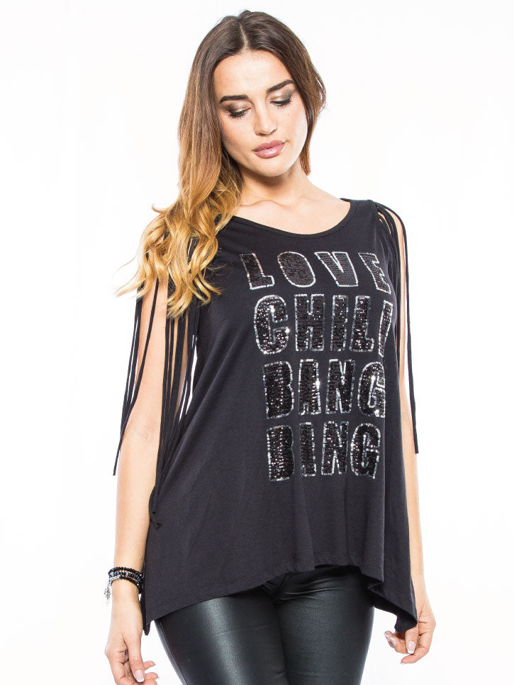 ★★★ Mila ★★★ Fransen Top, schwarz