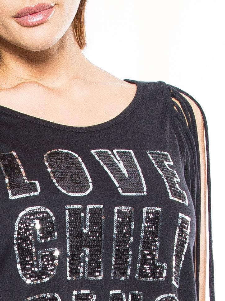 ★★★ Mila ★★★ Fransen Top, schwarz