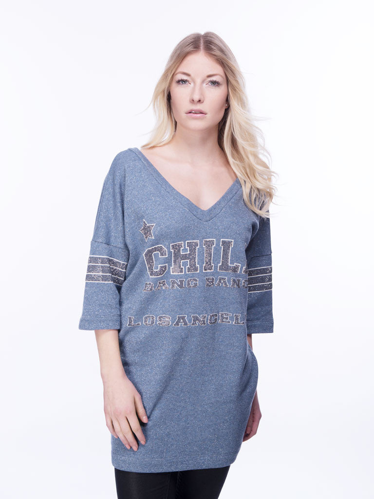 Sweatshirt Kleid mit Strasssteinen, blau
