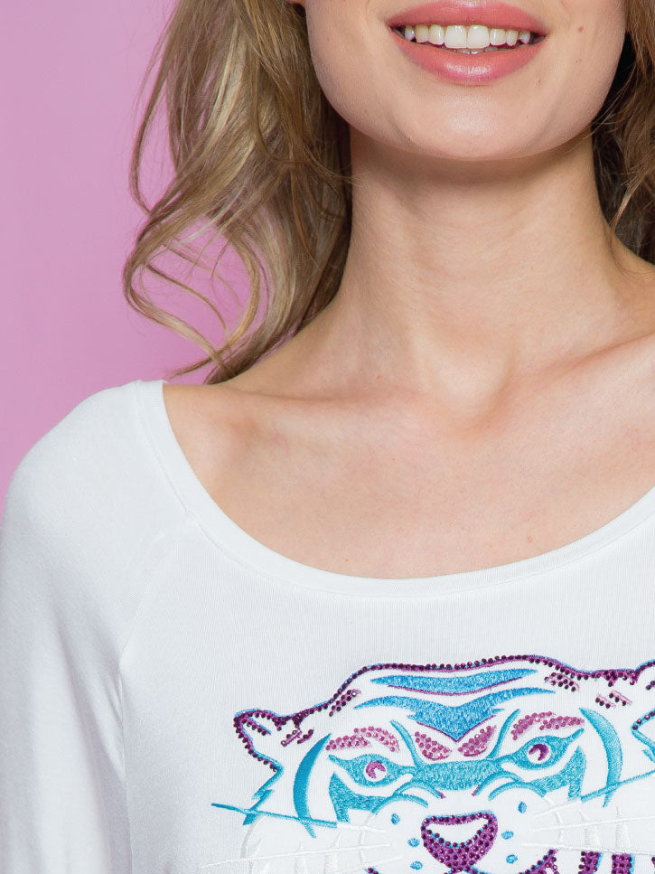 #TIGER - Damenshirt mit Tiger Stickerei, weiß