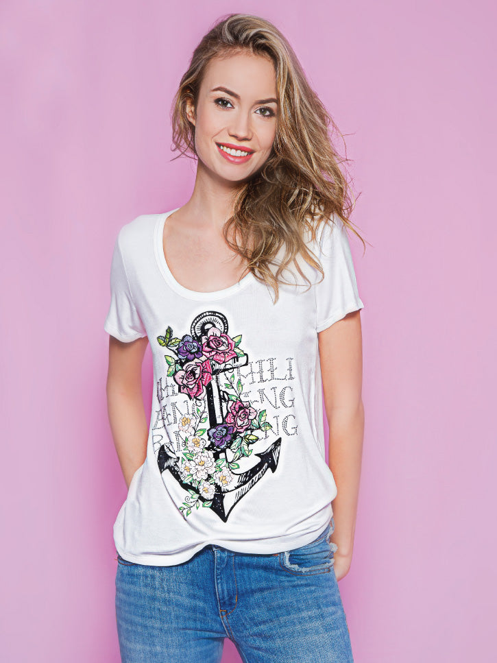 #ANKER - Damenshirt mit Anker und Blumen, weiß