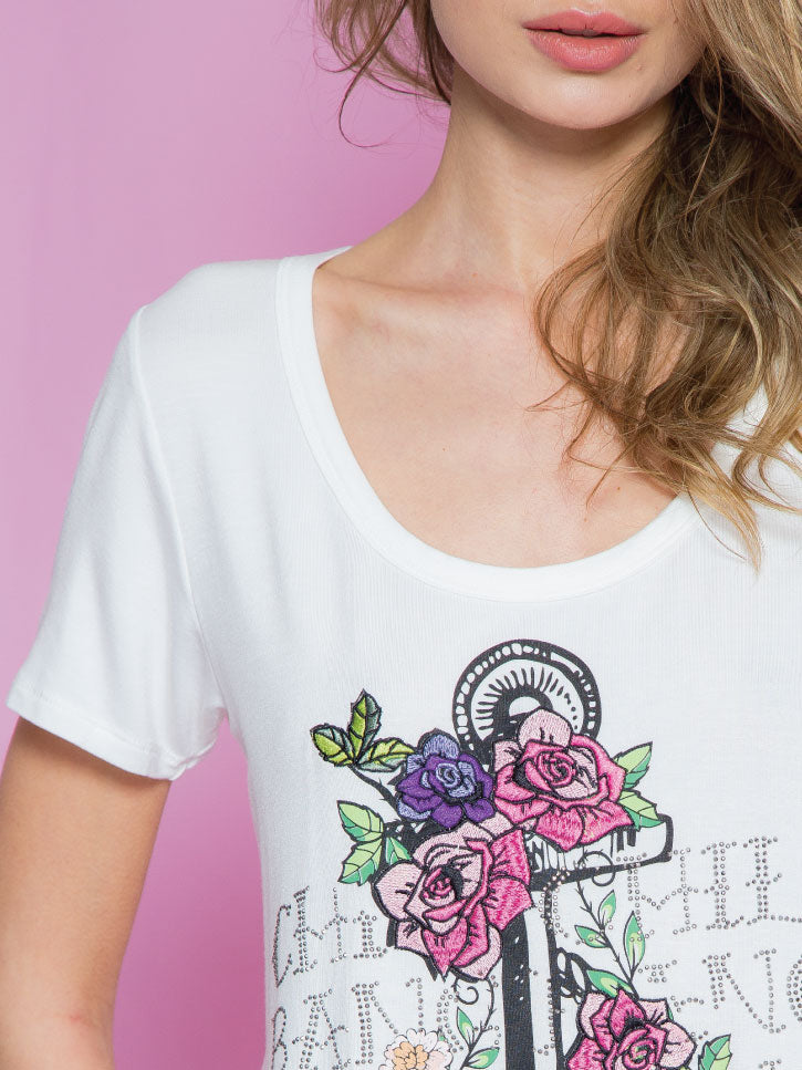 #ANKER - Damenshirt mit Anker und Blumen, weiß