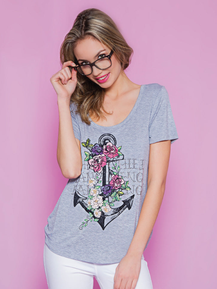 #ANKER - Damenshirt mit Anker und Blumen, grau
