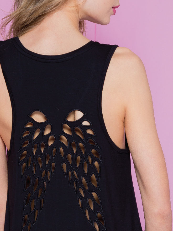 #HOLLYWOOD - Damentop mit Engelsflügel Cut out, schwarz