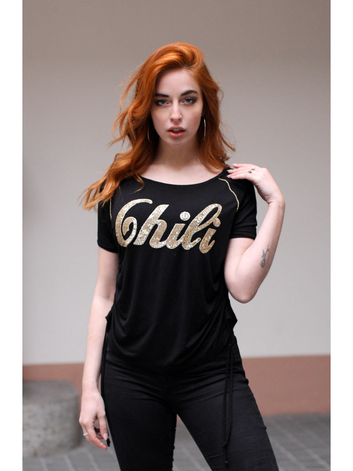 #BEGOLDEN - Damen T-Shirt mit goldener Chili Schrift