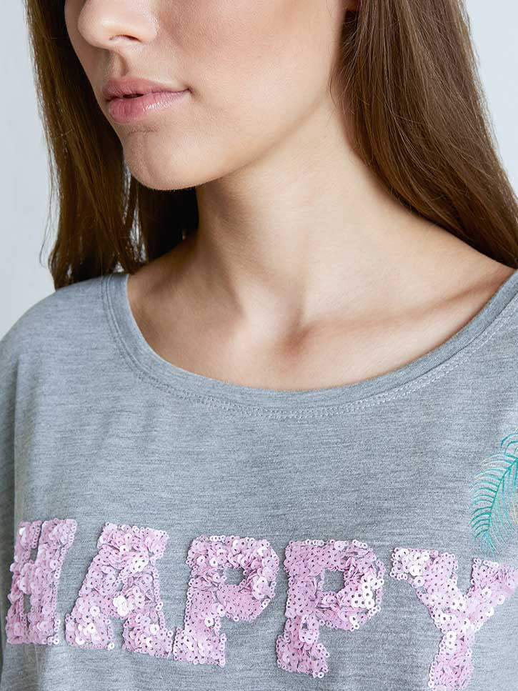Kastenshirt mit Print aus Pailletten, grau